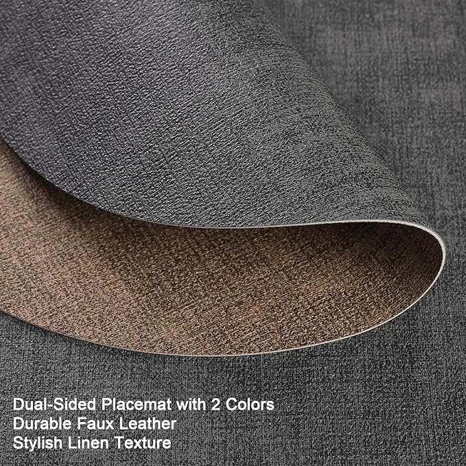 Myir JUN Round Placemats, Dual Sided Faux Leather Place Mats Set of 6 Indoor/Outdoor Non-Slip Washable Table Mats (Gray Brown, Set of 6)