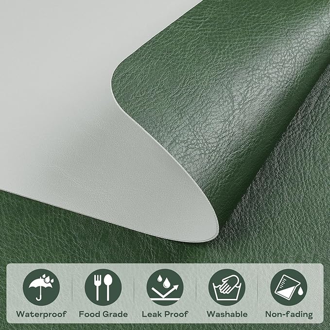 Faux Leather Placemats Set of 6 Table Mats Heat Resistant Reversible Place Mats, Waterproof Wipeable Dining Table Placemats for Home Party Outdoor, 15.8 × 11.8 inches (Green/Grey)