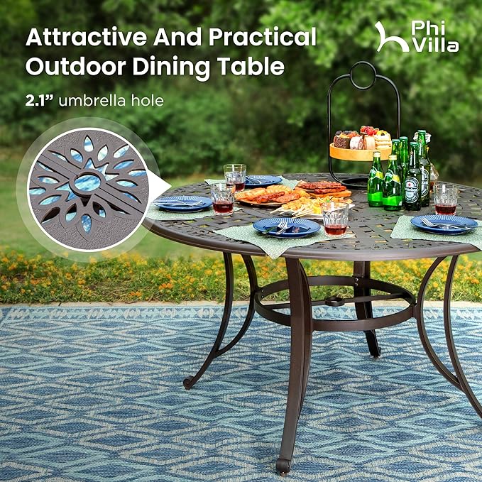 PHI VILLA Cast Aluminum Patio Dining Set for 6 Person, 7 Piece Outdoor Patio Set with 54" Dia Cast-Top Aluminum Table(2.1" Umbrella Hole) and 6 Swivel Rockers Dining Chairs with Seat Cushions
