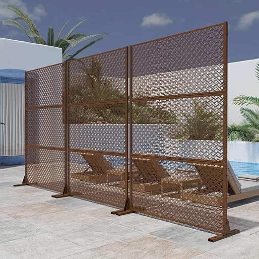 Casaphoria 72" H x 47" W Metal Outdoor Privacy Screen, Freestanding Decorative Divider for Patio, Deck, Balcony, and Garden with Stable Base, Brown-Jason