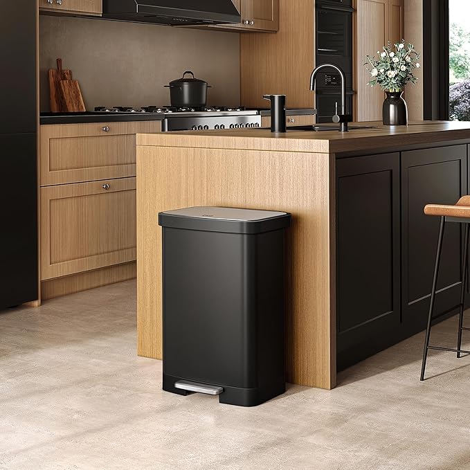 EKO Hudson 50 Liter/13.2 Gallon Kitchen Trash Can with Soft Close Lid, Stainless Steel Step Trash Can, Garbage Can with Rear Trash Bag Storage Compartment for Kitchen, Matte Black