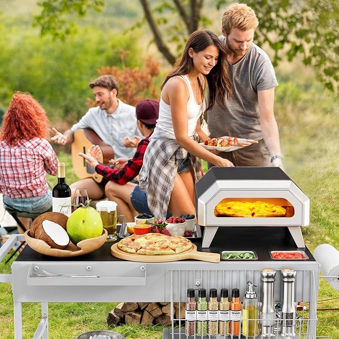JY QAQA Outdoor Pizza Oven Stand with Condiment Shelf, Outdoor Cooking Cart, Grill Worktable for Patio, Food Prep Station Fits Ninja Woodfire Grill, Cuisinart Grill, Blackstone Griddle