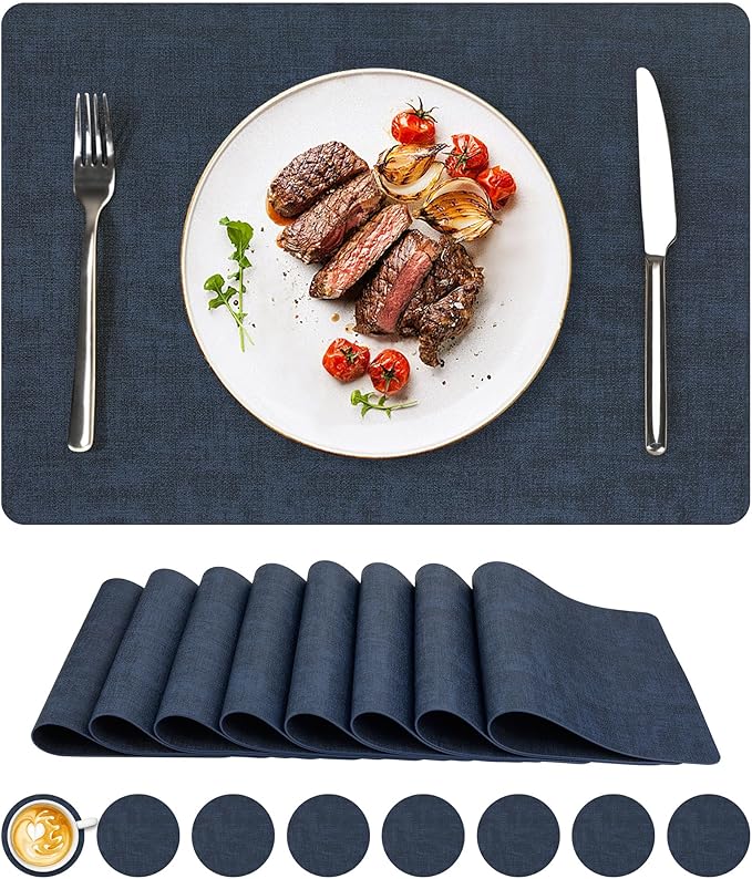 Vinyl Placemats Set of 8, Faux Leather Waterproof and Heat Resistant Place Mats, Washable Anti-Slip Table Mats with Coaster, Wipeable Placemats for Indoor & Outdoor 17" x 12" (Navy Blue, Set of 8)