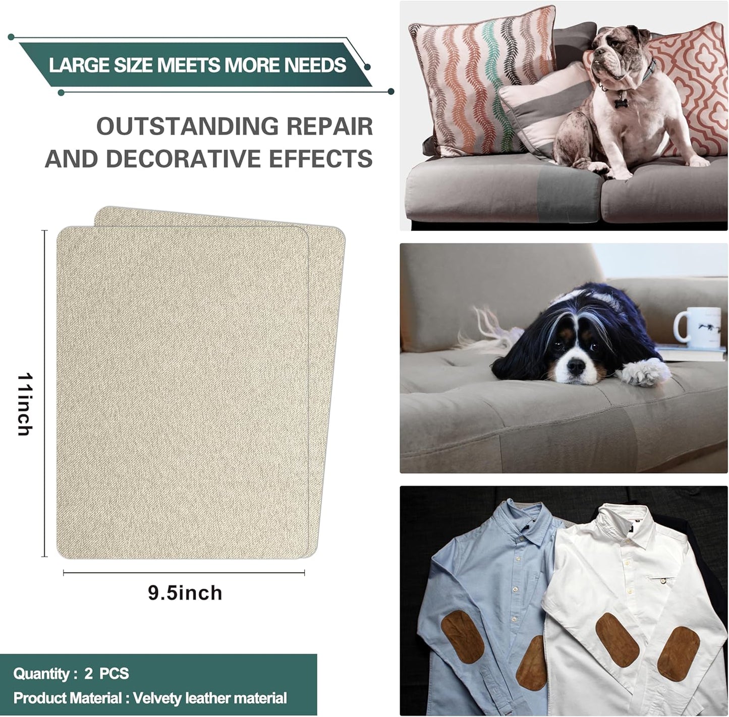 Azobur Couch Patch Repair Fabric,Microfiber Fabric, Self-Adhesive, for Sofa Repair and Upholstery, 2 Pieces, 9.5 x 11 inches (Light Khaki)