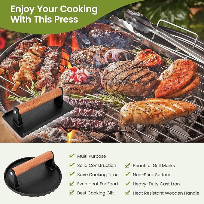 Blackstone Burger Press Set - 7" Round smash burger press & 8.3"x4.3" Rectangle Cast Iron Grill Press with Wooden Handle - Smasher is perfect for Blackstone Griddle, Pitboss Weber Griddle Grills
