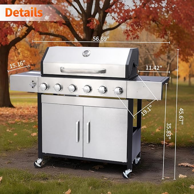 6-Burner Propane Grill - 65850 BTU BBQ with Side Burner | Porcelain Cast Iron Grates | Stainless Steel Outdoor Grill for Backyard, Camping, Tailgating (Fast Heating & Easy Clean)