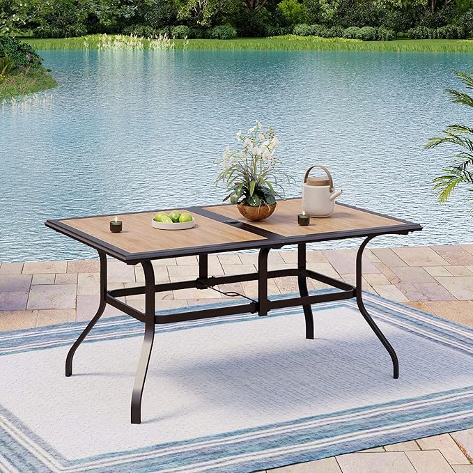 Outdoor Patio Dining Table for 6, 60" x 37" Rectangular Metal Patio Dining Table with Umbrella Hole and Faux Wood Tabletop, All Weather Wrought Iron Black Outdoor Table for Backyard and Porch