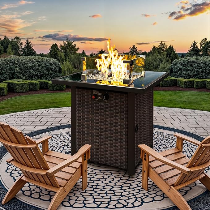 Propane Outdoor Fire Pit Table, 28" Rattan Square Fire Pit Table, Outdoor Gas FirePit W/Glass Wind Guard, Tempered Glass Tabletop, Lid, CSA Listed, 50,000 BTU, Outside Patio Deck & Garden, Brown