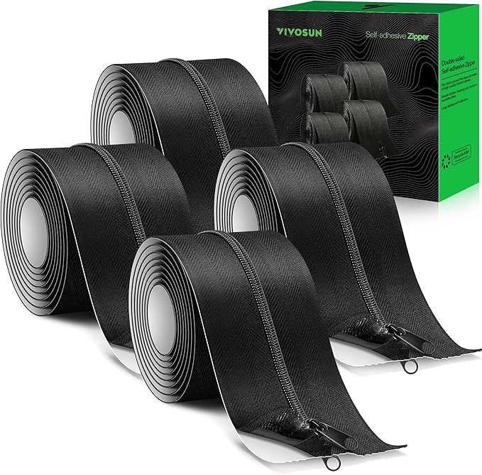 VIVOSUN 4-Pack Self Adhesive Zipper Door for Debris Barriers, 3In. x 7Ft. Peel & Stick, Heavy-Duty & Double-Sided Zipper for Tarp, Greenhouse, Indoor Outdoor Tent, Black