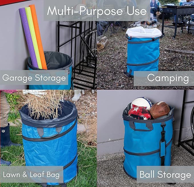 BIRDROCK HOME Collapsible Lawn and Leaf Waste Bag with Lid - 30 Gallon - Heavy Duty Reusable Camping Trash Can - Hardshell Bottom for Yard Debris, Garage Storage - Portable Garden Bin - Blue