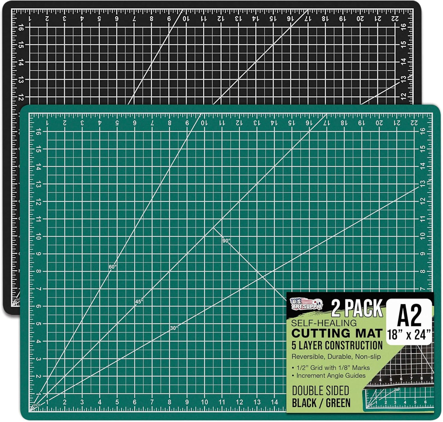 U.S. Art Supply 18" x 24" Self-Healing Cutting Mat 5-Ply (2 Pack) - Double-Sided Green/Black Craft Mat, Non-Slip Cutting Mats for Crafts, Sewing, Quilting, Scrapbooking