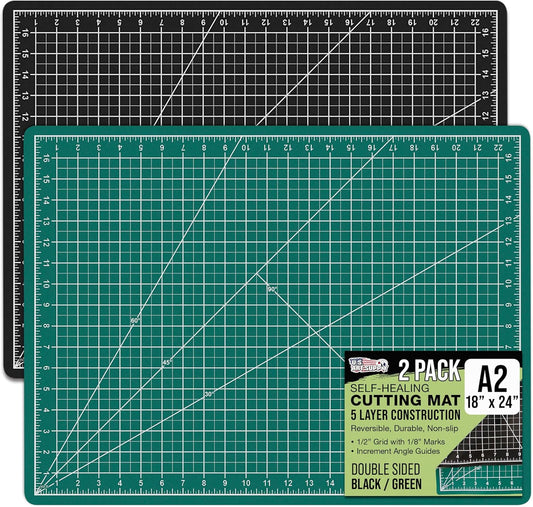 U.S. Art Supply 18" x 24" Self-Healing Cutting Mat 5-Ply (2 Pack) - Double-Sided Green/Black Craft Mat, Non-Slip Cutting Mats for Crafts, Sewing, Quilting, Scrapbooking