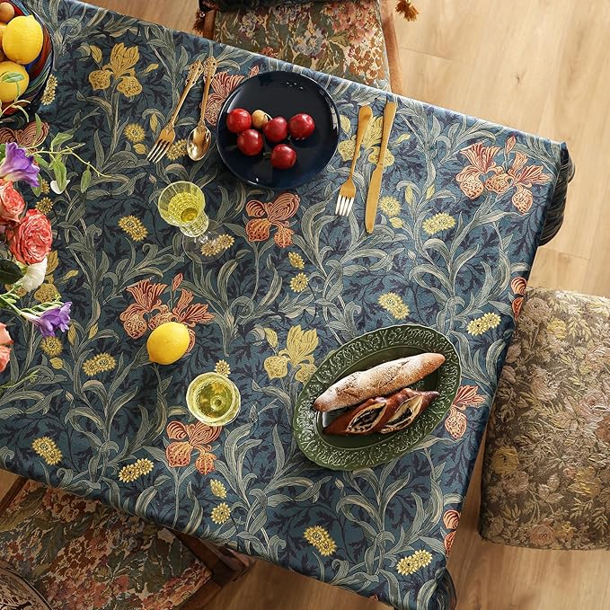 patdrea Designer Vintage Dark Blue Linen Rectangle Tablecloth,French Rustic Floral Pattern Tablecloths,Decorative Table Cover Cloth for Kitchen,Dining,Tea Party,Home,Christmas,63"*87"