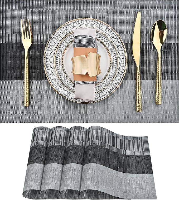 SLKQG Placemats Set of 4 - Washable Easy Clean Vinyl Placemats - Heat Resistant PVC Place Mats for Dining Table - (Black and Gray, 4)