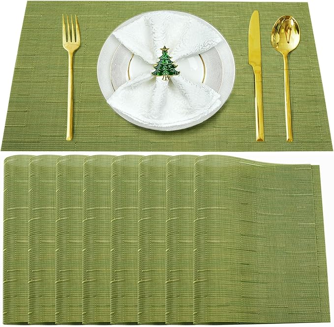 Placemats Set of 8,Washable,Heat and Stain Resistant Indoor/Outdoor Place mats,Vinyl Woven Non Slip Table Mats for Restaurant Table Protection,PVC Place mats(Green,8PCS)