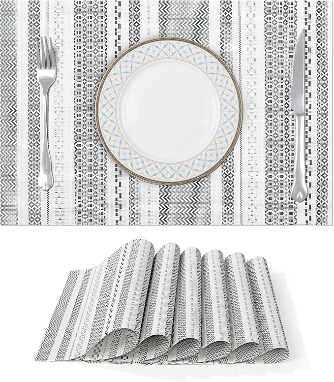 fanquare Sliver Striped Placemats 6 Pack Nordic Style Washable Place Mats Vinyl Woven Heat-Resistant Kitchen Table Mats Indoor & Outdoor Use Table Mat