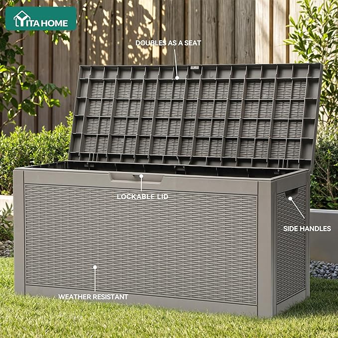 YITAHOME 60 Gallon Resin Deck Box, Weather Resistant Outdoor Rattan Storage Box, Lockable Indoor Outdoor Storage for Supplies and Essentials, Taupe