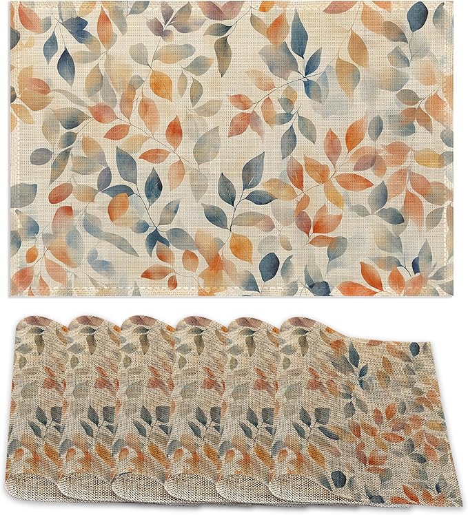 Placemats Set of 6,Autumn Leaves Table Mats,Fall Colorful Washable Linen Table Mats,Non-Slip Heat Resistant Placemats for Party Kitchen Dining Indoor Outdoor 12"x18"