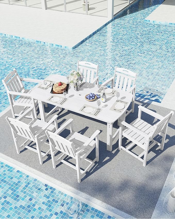Ciokea HDPE Outdoor Dining Set, 7-Piece Patio Table and Chairs Set with Umbrella Hole, All-Weather Patio Dining Sets for 6, Durable Patio Furniture for Backyard, Garden, Lawn & Poolside, White