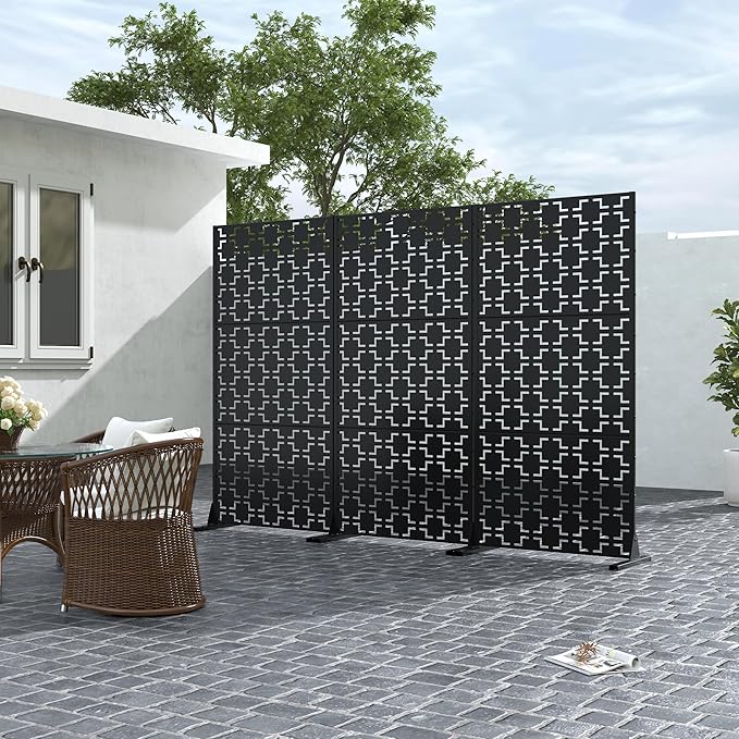 Casaphoria Metal Privacy Screen Outdoor, 72" H x 35" W Freestanding Decorative Privacy Screen for Patio Deck Balcony Garden with Stable Base, Black-Brick