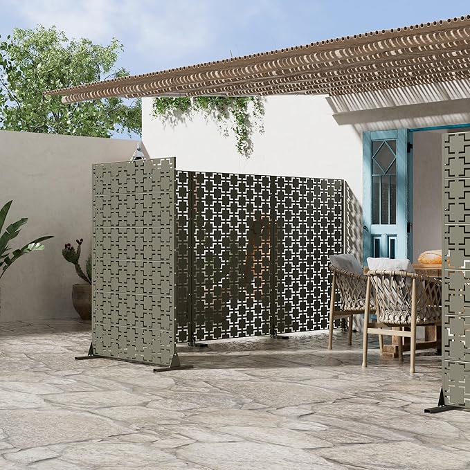 Casaphoria Metal Privacy Screen Outdoor, 72" H x 47" W Freestanding Decorative Privacy Screen for Patio Deck Balcony Garden with Stable Base, Grey-Brick