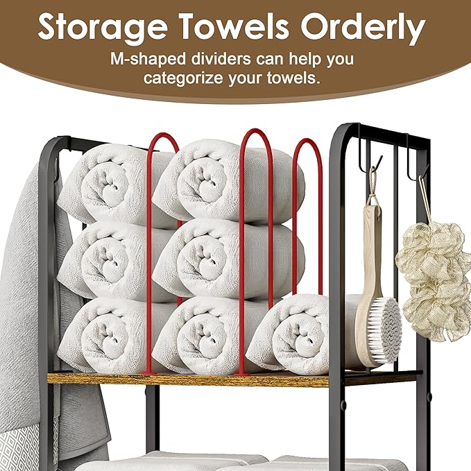 Towel Rack Free Standing 3-Tier M-Shaped Detachable Dividers, Durable Metal Towel Holder, Pool Items Holder, Space-Saving Storage Organizer, Modern Bath Towel Shelf for Bathroom Patent Pending