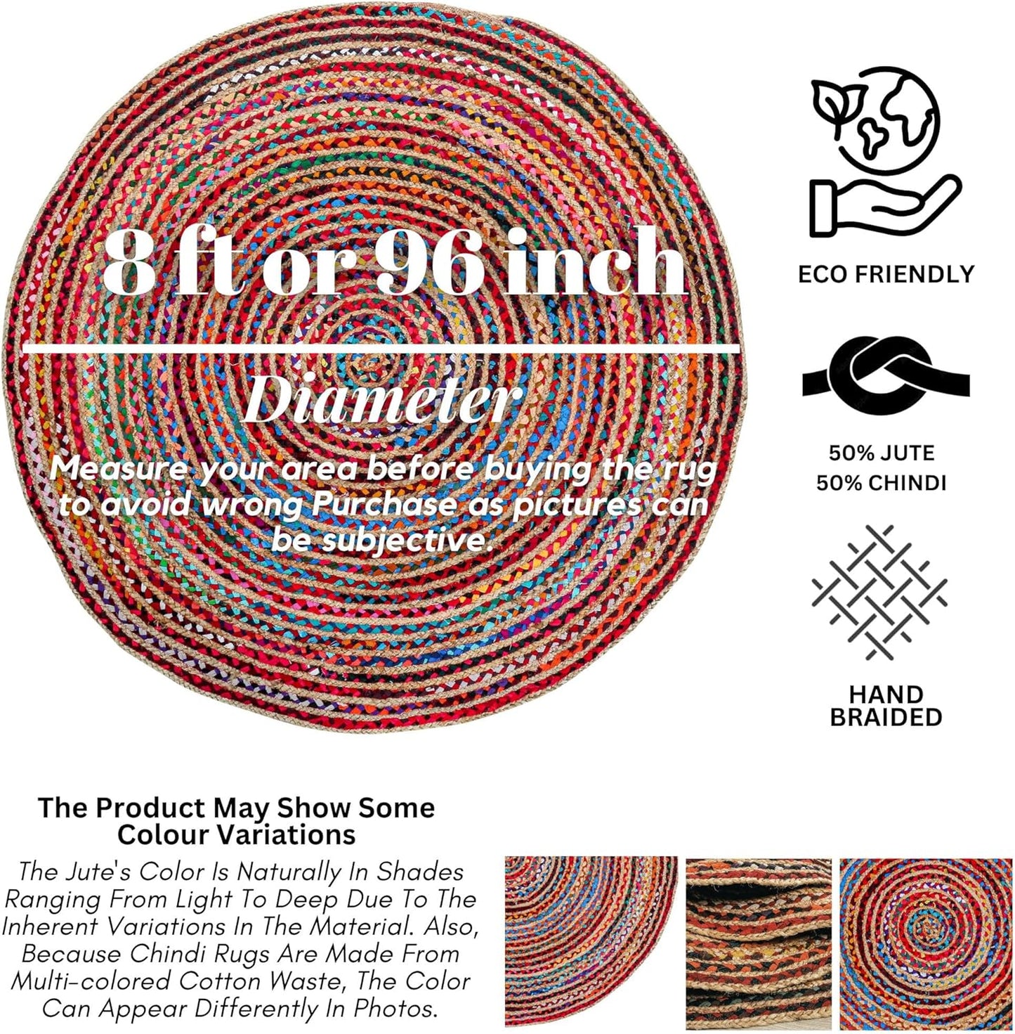 8' Round Handwoven Jute Chindi Area Rug - Colorful Boho Rugs for Living Room - Hand Braided Multicolor Bohemian Rug for Farmhouse, Bedroom, Dining Room, Classroom, Hallway, Kitchen, Office
