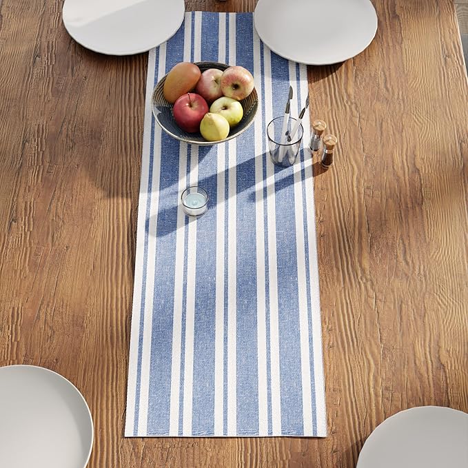 Encasa XO Cotton Dining Table Runner | Franca Blue Stripes | Size 13x36 in - Machine Washable & Durable