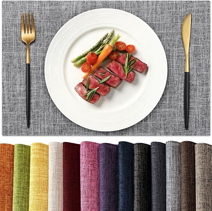 KXN Placemats Set of 6, Dual-Layer Thickened Faux Linen Table Mats, Heat Resistant & Wrinkle-Free, Machine Washable Cloth Place Mats for Kitchen Dining Indoor Outdoor (Light Gray)