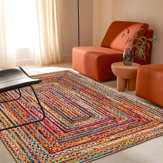 4'x6' Handwoven Jute Chindi Area Rug - Colorful Boho Rugs for Living Room - Hand Braided Multicolor Bohemian Rug for Farmhouse, Bedroom, Dining Room, Classroom, Hallway, Kitchen, Office