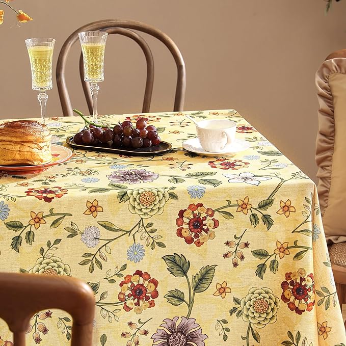 Vintage Linen Tablecloth for Rectangle Table,Yellow Floral French Wrinkle Free Long Tablecloths,Decorative Table Cover for Kitchen,Dining,Thanksgiving,Farmhouse,63" × 94"-Bellano