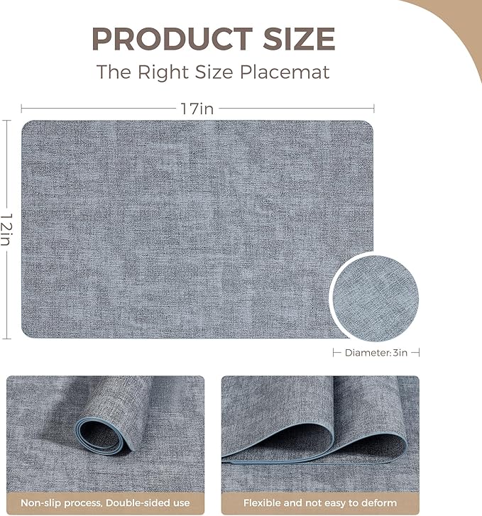 Vinyl Placemats Set of 12, Faux Leather Waterproof and Heat Resistant Place Mats, Washable Anti-Slip Table Mats with Coaster, Wipeable Placemats for Indoor & Outdoor 17" x 12" (Light Blue, Set of 12)