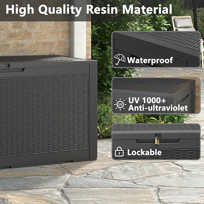 Outdoor Storage Box, Resin Deck Boxes Outdoor Waterproof For Patio Furniture, Garden Tools, Pool Supplies, Durable And UV Resistant, Lockable (100 Gallon, Black)
