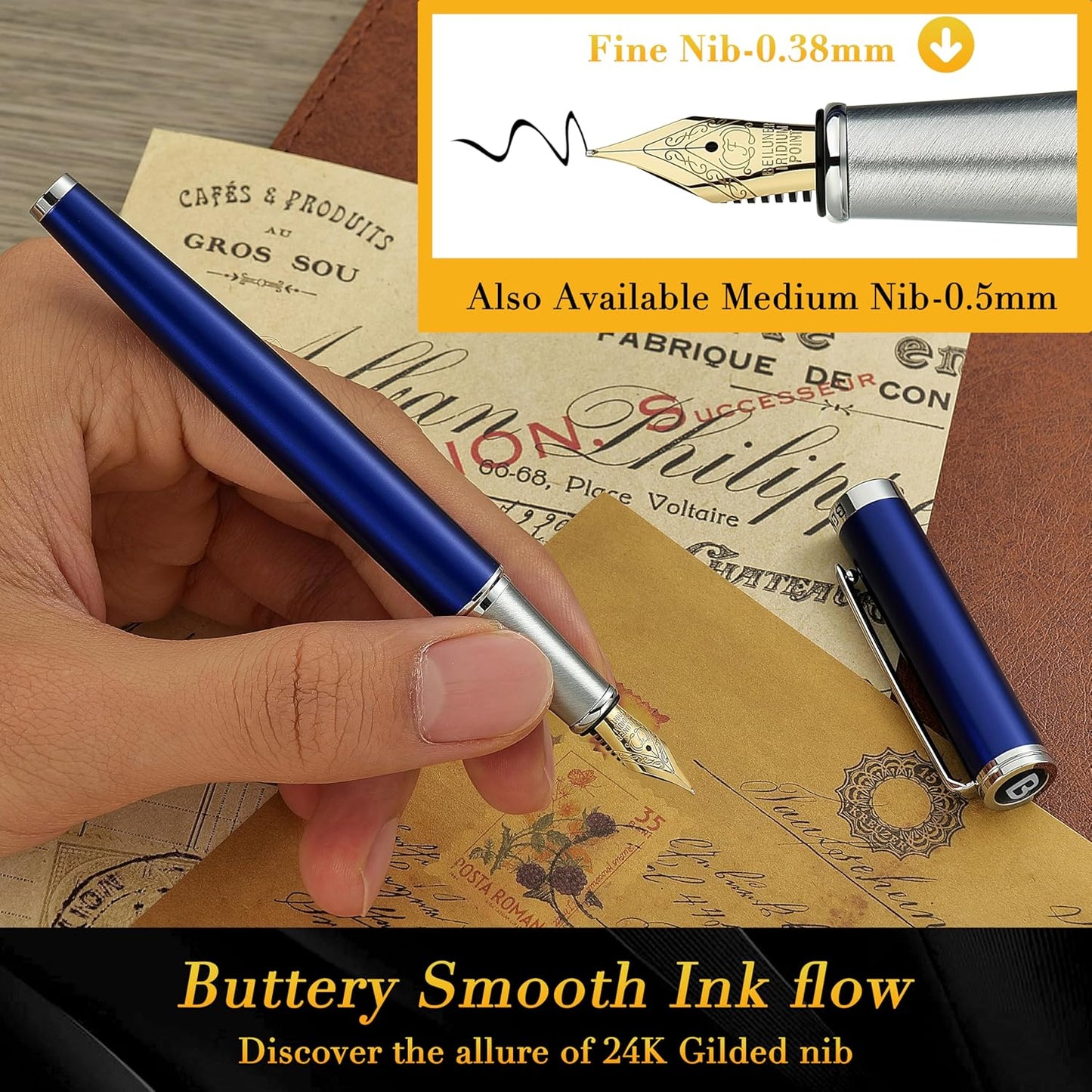 BEILUNER Luxury Fountain Pen Set,Solid 24K Gilded Fine Nib, Modern Classic Limited Edition -Includes 6 Ink Cartridges&Ink Refill Converter with Gift Case-Perfect for Men and Women（Charming blue）