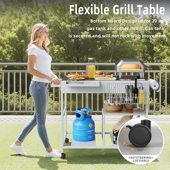 Vongrasig Pizza Oven Cart with Topping Station, Outdoor Grill Table Kitchen Island with Storage for Ninja Woodfire Blackstone Griddle Cuisinart etc Grill, Silver