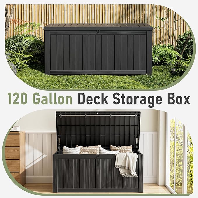 Outdoor Storage Box, 120 Gallon Deck Box, Resin Waterproof Outside Storage Bench, Outdoor Storage Cabinet With Lockable Lid, Backyard Deck Box For Garden Tools, Patio Cushions, Pool Accessories