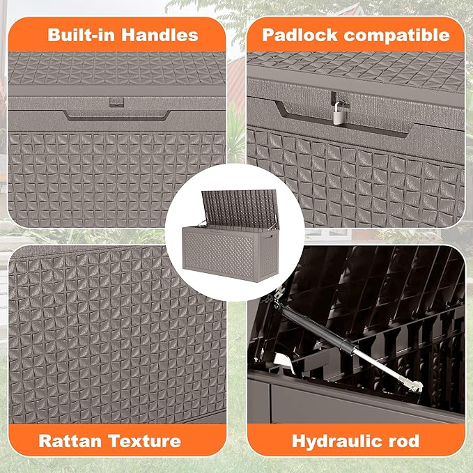 EasyUp 121 Gallon Outdoor Storage Box Waterproof, UV Resistant Resin Deck Box with Hydraulic Rod, Reinforced Stability for Patio, Garden, Quad Leaf Grey