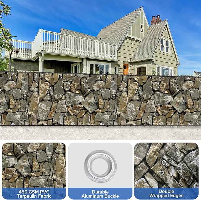 UPGRADE 4'x42'Customized PVC Privacy Fence Screen with Stone Wall Print – Outdoor Waterproof Patio Privacy Cover for Yard, Balcony, Garden Fence Decoration