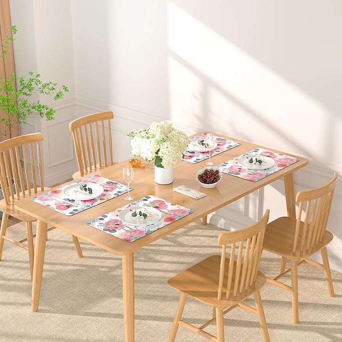 QIYI Placemats Set of 6, 12x18 Inch Faux Leather Place Mats for Kitchen Dinning, Heat Resistant Anti Slip Floral Table Mats, Waterproof Washable Placemat Party Table Décor, Watercolor Pink Flowers