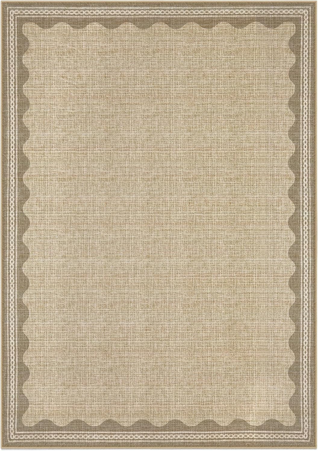 Scalloped Washable Rug 8x10 Area Rugs for Living Room, Solid Jute Rug for Bedroom Girls, Non Slip Scalloped Throw Rugs with Rubber Back, Soft Dorm Nursery 8x10 Carpet for Dining Room