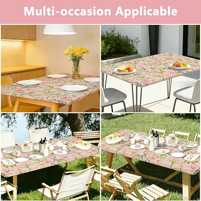 Rectangle Picnic Table Cloth, Elastic Waterproof Fitted Vinyl Tablecloths for 5 Foot Tables, Wipeable Flannel Backed Table Covers for Dining, Camping, Outdoor(Pink Flower,30"x60")