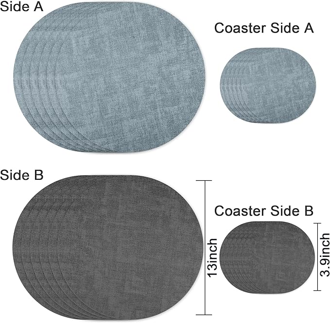 13-Inch Faux Leather Round Placemats Set of 6, Waterproof Anti-Slip Dual Sided Place mats, Heat Resistant Washable Table Mats with Coaster, Suitable for Indoor & Outdoor (6, Black Light Blue)