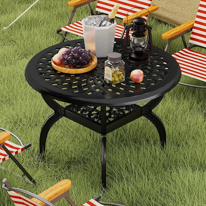 Cast Aluminum Outdoor Side Table, All Weather Round Bistro Table, Outdoor Coffee Table, Small End Table for Patio, Indoor, Lawn, Garden, Black