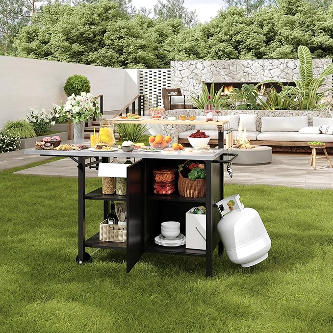 Multi-Layer Outdoor Grill Table Bar Grill Cart with Storage Cabinet, Outdoor Kitchen Island Prep Station with Foldable Side Shelf, Pizza Oven Table for Lawn & Garden
