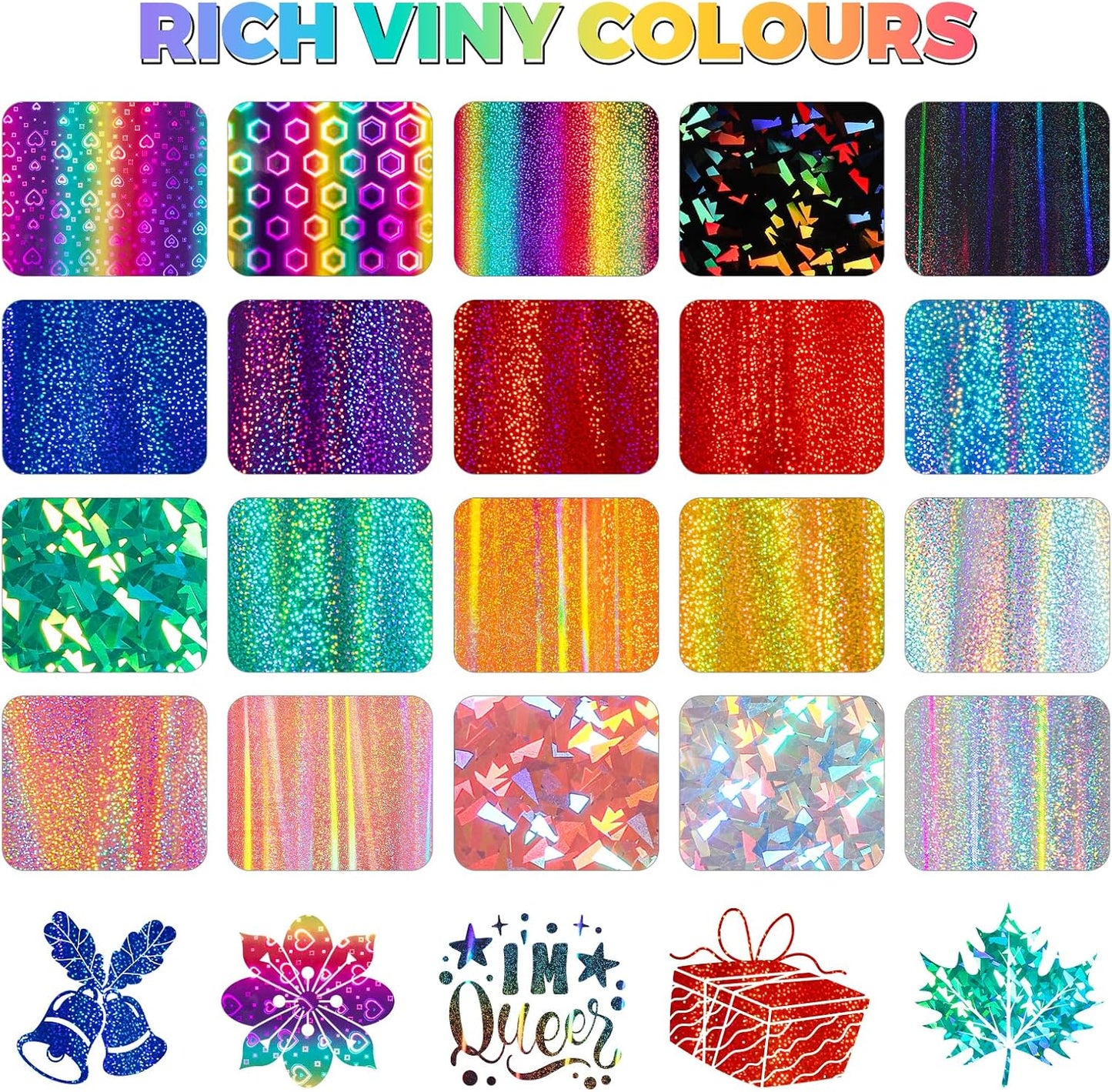 GIRAFVINYL Glitter Holographic Vinyl Bundle, Rainbow Holographic Permanent Vinyl 12" x 12" 17 Sheets Rainbow Glitter Vinyl Permanent for DIY Stickers, Signs, Cup, Home and Car Decorations