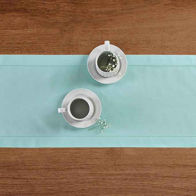 Solino Home Cotton Linen Pastel Turquoise Table Runner 72 Inches Long - Hemstitch Table Runner 14 x 72 Inch for Dresser, Dining, Spring, Easter