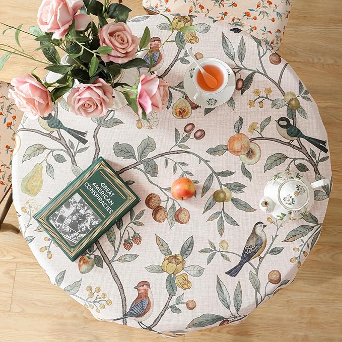 Linen 55 Inch Round Tablecloth,Wrinkle Resistant French Pink Tablecloth Print with Froal,Decor Stitch Table Cloth for Thanksgiving,Dining Room,Home,Kitchen Diameter 55" -Dewey A