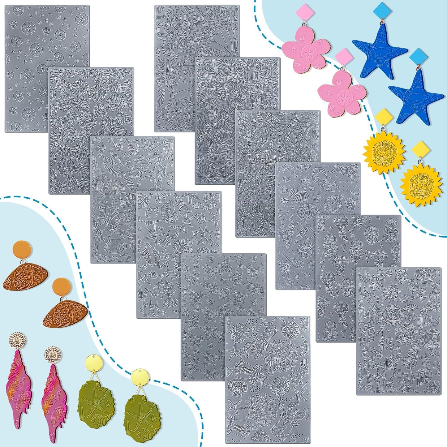 12pcs Polymer Clay Texture Sheets Set Works with Polymer Clay Cutter Embossing Clay Texture Roller DIY Sheets for Jewelry Earring Making DIY Craft Supply (Summer)