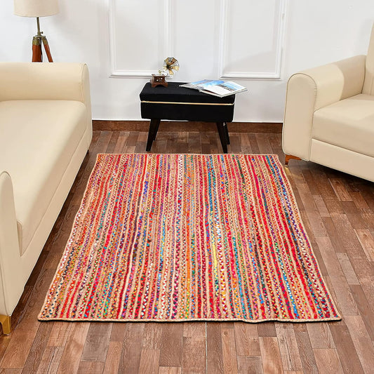 3'x5' Handwoven Jute Chindi Area Rug - Colorful Boho Rugs for Living Room - Hand Braided Multicolor Bohemian Rug for Farmhouse, Bedroom, Dining Room, Classroom, Hallway, Kitchen, Office