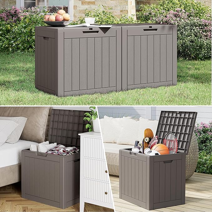 KAMABOKO 32 Gallon Outdoor Storage Box 2 Pack All-Weather Deck Box for Patio Furniture, Package Deliveries, Garden Tools, Pool Supplies & Cushions, Grey